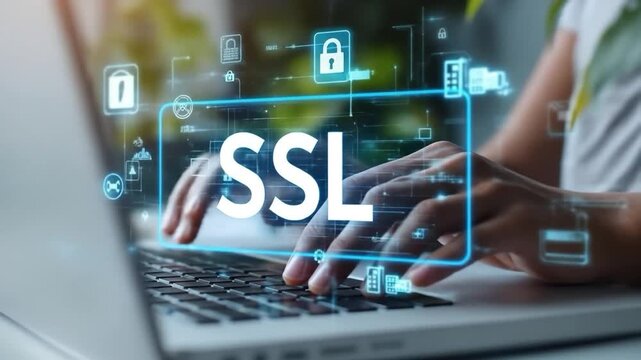 Person typing on laptop with SSL security icons floating