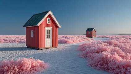 Two small, red cabins on a white, salt-like plain, surrounded by pink, fluffy vegetation, under a clear blue sky