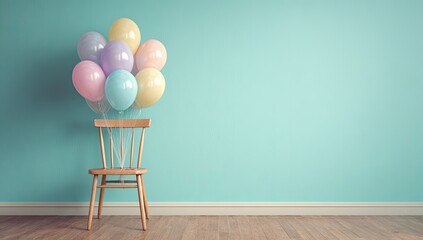 Pastel balloons hovering above a wooden chair against a mint-green wall in a simple room