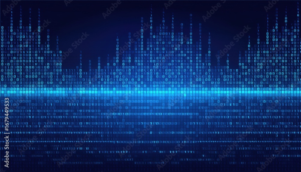Sticker glowing binary wave made of digital blue squares on dark background for technology texture or futuri