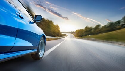 rear view of blue business car on high speed in turn blue car rushing along a high speed highway