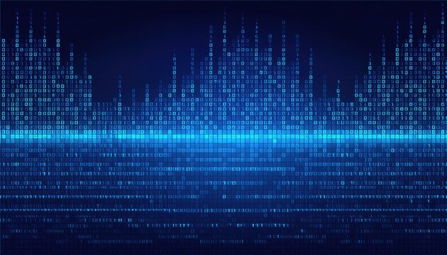glowing binary wave made of digital blue squares on dark background for technology texture or futuristic data visualization