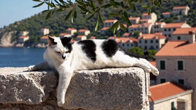 Cow Cat at Cavtat near Dubrovnik in Croatia Predominantly White with Large Black Patches
