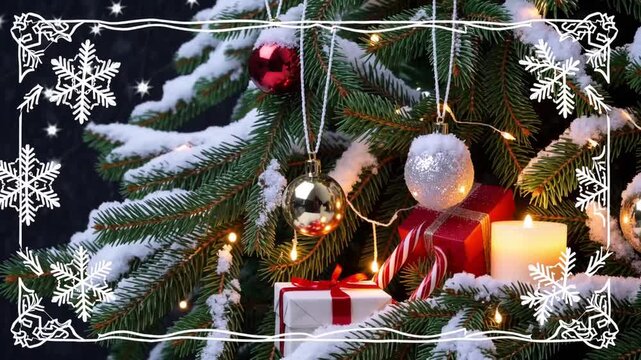 Festive holiday background design with evergreen tree, holly plant, stellar shapes and frozen precipitation