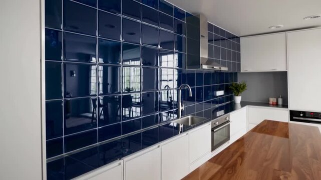 Contemporary Culinary Space Featuring Pale Cabinetry, Cerulean Wall Tiling, Timber Worktop and Basin in Recently Constructed Dwelling