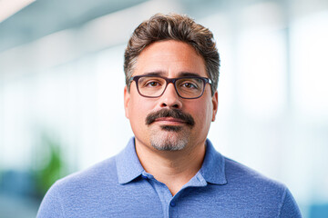 A man with glasses poses in a professional setting, showcasing a confident expression and a smart casual outfit.