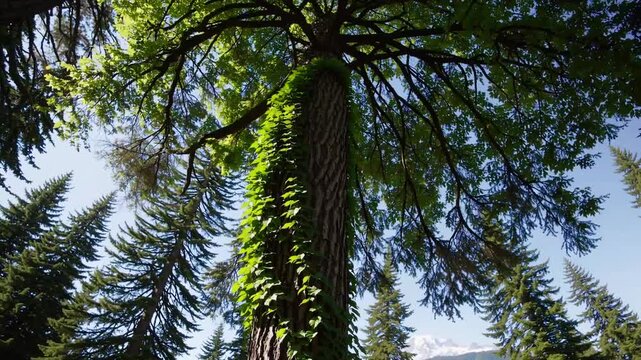 Large Arboreal Specimen With Creeping Plants Ascending Towards The Upper Branches In Pacific Northwest State