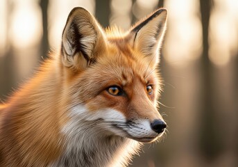 A majestic red fox gazing intently into the distance, its coat glowing in the sunlight. The forest background adds a touch of mystery
