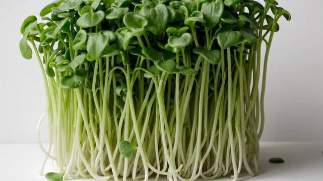 Side Profile View of Juvenile Radish Sprouts Employed as Plant-Based Nutrition on White Backdrop