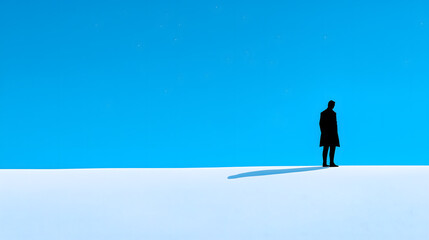 Obraz premium Minimalist silhouette of man in coat casting shadow under bright blue sky