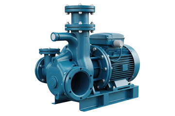 Industrial electric centrifugal water pump with flanged connections isolated on a transparent background