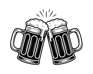 Cheers! Two frothy mugs of beer clinking together in a celebratory toast, captured in a striking black and white vector illustration