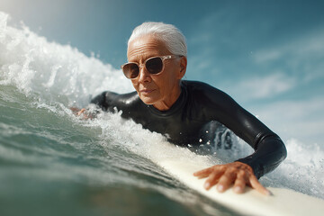 Mature woman surfing: rides the wave fearlessly, showcasing active aging and a zest for life. Embracing adventure with experience.