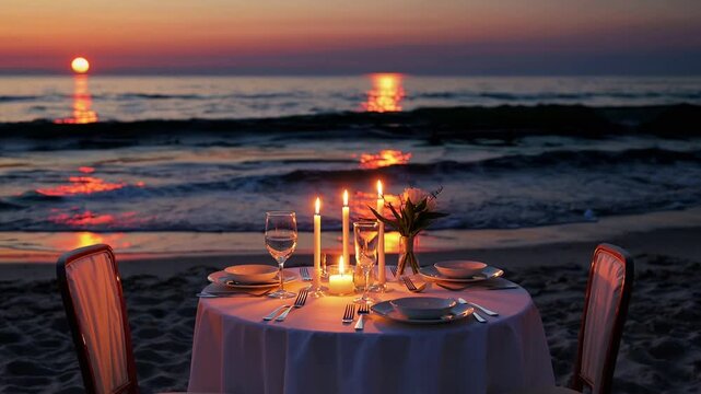 Intimate Evening Meal for Two Situated on Sandy Shore During the Time of Sunset