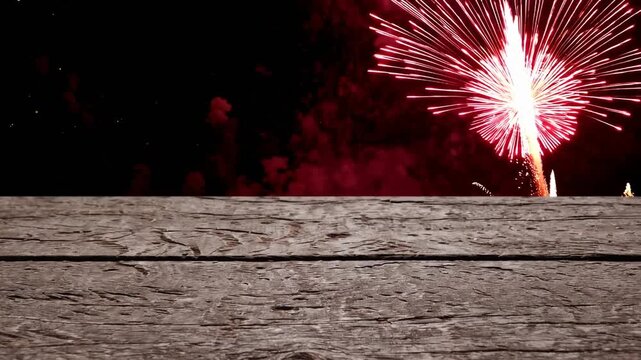 Imaginative pyrotechnic display backdrop Inventive background with unoccupied timber plane and pyrotechnic explosions. Simulated pyrotechnic effects