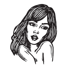 Beautiful Woman Doodle Black and White Illustration Fashion Girl Portrait Line Art Sketch Vector