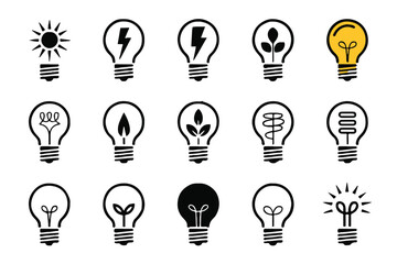 innovative light bulb icon set vector graphic with symbols of energy tech nature sustainability creativity inspiration
