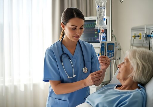 Caring nurse attending to elderly patient receiving IV therapy in a modern hospital room