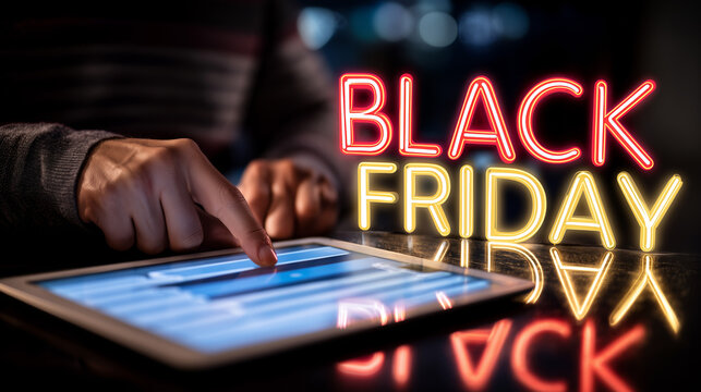 Hands Holding Tablet with Black Friday Shopping Ad