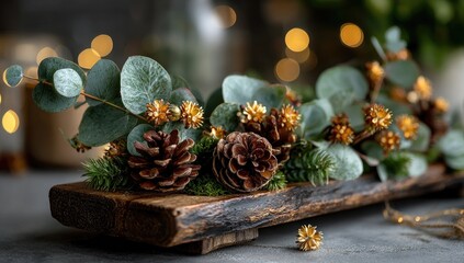 Rustic Christmas centerpiece on wooden tray