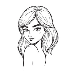 Beautiful Woman Doodle Black and White Illustration Fashion Girl Portrait Line Art Sketch Vector