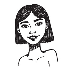 Beautiful Woman Doodle Black and White Illustration Fashion Girl Portrait Line Art Sketch Vector