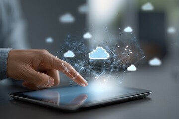 A person's finger touches a tablet screen, displaying a projected network of interconnected cloud icons