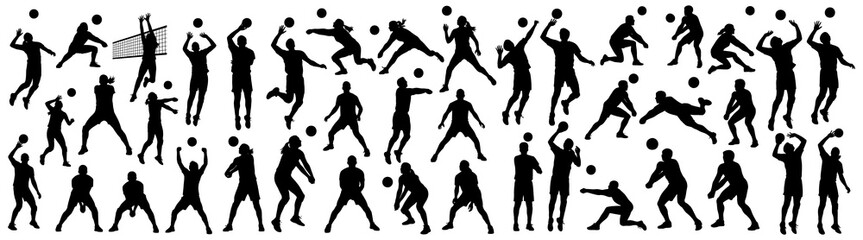 Volleyball player silhouette collection in black. Men and women serving, spiking, blocking, and receiving during match
