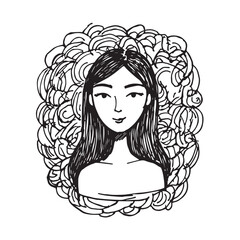 Beautiful Woman Doodle Black and White Illustration Fashion Girl Portrait Line Art Sketch Vector