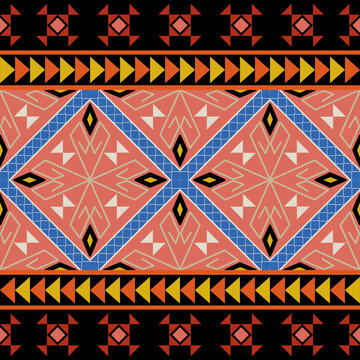Vibrant geometric pattern with a rich ethnic tribal design, featuring intricate details and a bold color palette. Ideal for traditional textiles, cultural art, and decorative backgrounds.
