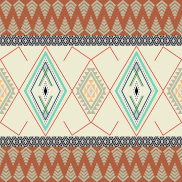 Intricate geometric pattern with an ethnic tribal design. Features detailed rhomboid shapes and triangles in a soft color palette. Ideal for textiles, decorative backgrounds, and graphic design.