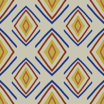Abstract geometric pattern with a rustic, tribal ikat design. Features repeated diamond shapes and wavy lines in a vintage color palette. Perfect for modern textiles, backgrounds, and decorative proje