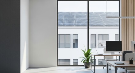 Modern office space with large windows and solar panels outside