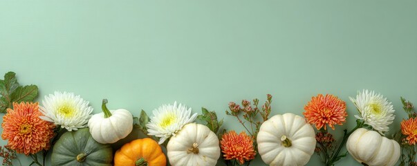 Halloween background with orange green pumpkin, autumn flowers. Olive green backdrop. Modern Holiday design. party border natural colour. Thanksgiving trendy fall decoration. Nordic, hygge, cozy home.