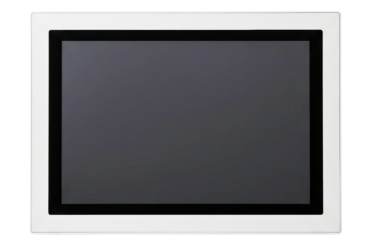 Industrial panel mount touchscreen monitor with a white bezel isolated on a transparent background