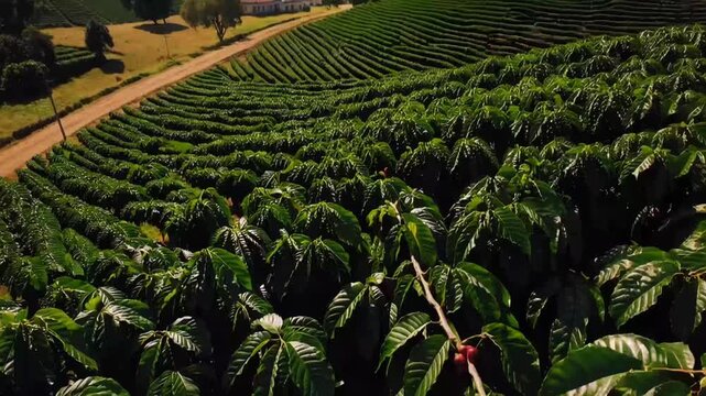 Rows upon rows of coffee plant plantations, specifically showcasing Brazilian Mineiro coffee cultivated in the Minas Gerais region