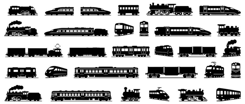 Train silhouette collection in black. Set of steam locomotives, freight wagons, metro, and modern high-speed trains in side view