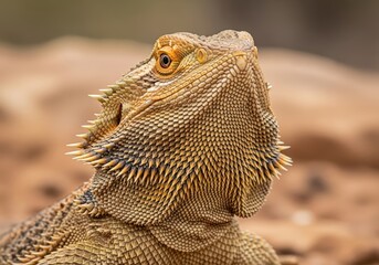 Obraz premium A detailed close-up of a Bearded Dragon, highlighting its textured scales and intense gaze. This striking reptile stands out against the blurred backdrop. 