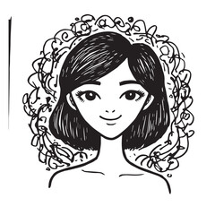 Beautiful Woman Doodle Black and White Illustration Fashion Girl Portrait Line Art Sketch Vector
