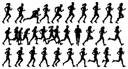 Naklejka premium Running silhouette collection in black. Group of men and women jogging, sprinting, and exercising in dynamic movement