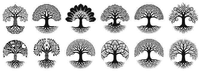 Tree of life silhouette collection in black. Decorative tree designs with roots, leaves, branches, and symbolic ornaments