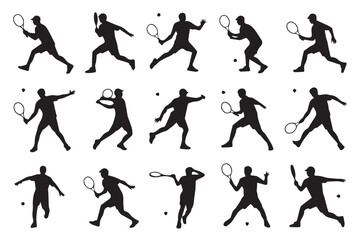 fifteen tennis player silhouettes in various action poses vector illustration athletic sports motion set