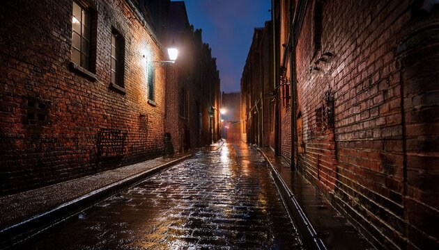 a dark and wet alley with old brick buildings dim lights and a moody atmosphere