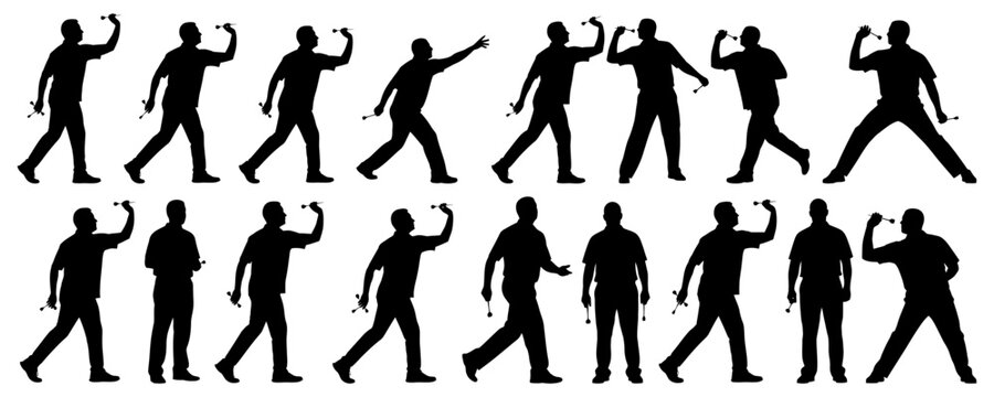 Darts player silhouette collection in black. Men aiming and throwing darts with precision in competition and leisure games
