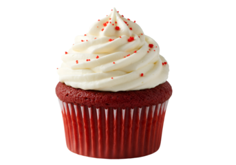 Red velvet cupcake with white frosting and sprinkles isolated on transparent background