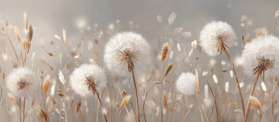 Soft, light beige and white dandelions and grasses in a gentle breeze