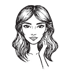 Beautiful Woman Doodle Black and White Illustration Fashion Girl Portrait Line Art Sketch Vector