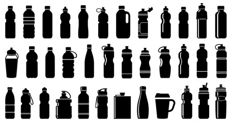 Fototapeta premium Set of water bottle silhouettes in black. Different shapes of plastic bottles, sports flasks, travel mugs, thermos, and reusable containers for drinks and fitness