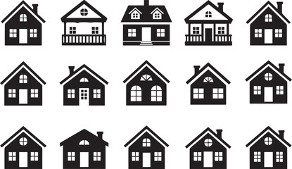 15 house silhouette icons grid showcasing diverse residential architectural styles for real estate design and planning