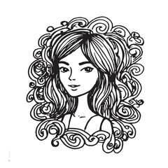 Beautiful Woman Doodle Black and White Illustration Fashion Girl Portrait Line Art Sketch Vector